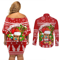 Hawaii Tiki Christmas Couples Matching Off Shoulder Short Dress and Long Sleeve Button Shirt Mele Kalikimaka LT7 - Wonder Print Shop