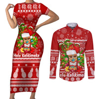 Hawaii Tiki Christmas Couples Matching Short Sleeve Bodycon Dress and Long Sleeve Button Shirt Mele Kalikimaka LT7 - Wonder Print Shop