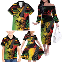Personalised Reggae Soul Family Matching Off The Shoulder Long Sleeve Dress and Hawaiian Shirt Sketch Style - Wonder Print Shop