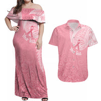 Personalised New Zealand Couples Matching Off Shoulder Maxi Dress and Hawaiian Shirt Pink Ribbon Tattoo Mix Silver Fern LT7 - Wonder Print Shop