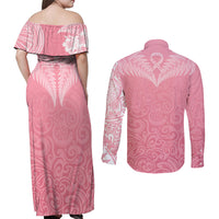 Personalised New Zealand Couples Matching Off Shoulder Maxi Dress and Long Sleeve Button Shirts Pink Ribbon Tattoo Mix Silver Fern LT7 - Wonder Print Shop