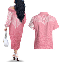 Personalised New Zealand Couples Matching Off The Shoulder Long Sleeve Dress and Hawaiian Shirt Pink Ribbon Tattoo Mix Silver Fern LT7 - Wonder Print Shop