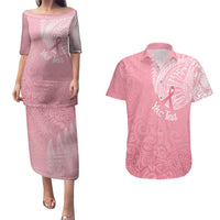 Personalised New Zealand Couples Matching Puletasi Dress and Hawaiian Shirt Pink Ribbon Tattoo Mix Silver Fern LT7 - Wonder Print Shop