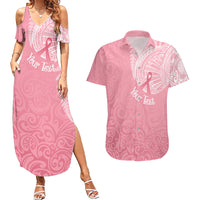 Personalised New Zealand Couples Matching Summer Maxi Dress and Hawaiian Shirt Pink Ribbon Tattoo Mix Silver Fern LT7 - Wonder Print Shop