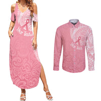 Personalised New Zealand Couples Matching Summer Maxi Dress and Long Sleeve Button Shirts Pink Ribbon Tattoo Mix Silver Fern LT7 - Wonder Print Shop