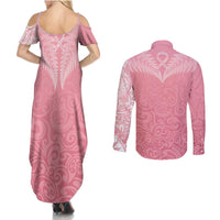 Personalised New Zealand Couples Matching Summer Maxi Dress and Long Sleeve Button Shirts Pink Ribbon Tattoo Mix Silver Fern LT7 - Wonder Print Shop