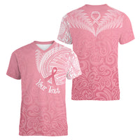 Personalised New Zealand Women V Neck T Shirt Pink Ribbon Tattoo Mix Silver Fern - Wonder Print Shop