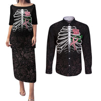 In October We Wear Pink Breast Cancer Awareness Couples Matching Puletasi Dress and Long Sleeve Button Shirts Skull and Roses - Black LT7 - Wonder Print Shop