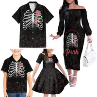 In October We Wear Pink Breast Cancer Awareness Family Matching Off Shoulder Long Sleeve Dress and Hawaiian Shirt Skull and Roses - Black - Wonder Print Shop