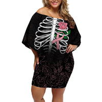 In October We Wear Pink Breast Cancer Awareness Family Matching Off Shoulder Short Dress and Hawaiian Shirt Skull and Roses - Black LT7 - Wonder Print Shop