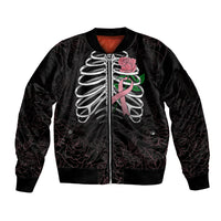 In October We Wear Pink Breast Cancer Awareness Sleeve Zip Bomber Jacket Skull and Roses - Black - Wonder Print Shop