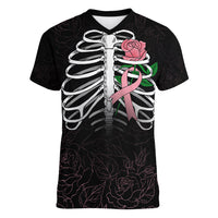 In October We Wear Pink Breast Cancer Awareness Women V Neck T Shirt Skull and Roses - Black - Wonder Print Shop