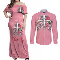 In October We Wear Pink Breast Cancer Awareness Couples Matching Off Shoulder Maxi Dress and Long Sleeve Button Shirts Skull and Roses - Pink LT7 - Wonder Print Shop