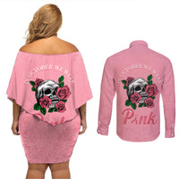 In October We Wear Pink Breast Cancer Awareness Couples Matching Off Shoulder Short Dress and Long Sleeve Button Shirts Skull and Roses - Pink LT7 - Wonder Print Shop