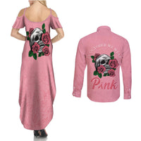 In October We Wear Pink Breast Cancer Awareness Couples Matching Summer Maxi Dress and Long Sleeve Button Shirts Skull and Roses - Pink LT7 - Wonder Print Shop