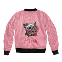 In October We Wear Pink Breast Cancer Awareness Sleeve Zip Bomber Jacket Skull and Roses - Pink - Wonder Print Shop