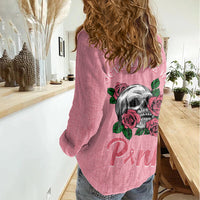 In October We Wear Pink Breast Cancer Awareness Women Casual Shirt Skull and Roses - Pink - Wonder Print Shop