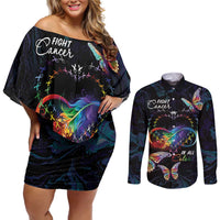 Fight Cancer In All Colors Couples Matching Off Shoulder Short Dress and Long Sleeve Button Shirt Whimsical Butterflies LT7 - Wonder Print Shop