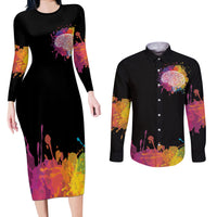Autism Wired Differently Colors Splash Couples Matching Long Sleeve Bodycon Dress and Long Sleeve Button Shirt LT7 - Wonder Print Shop