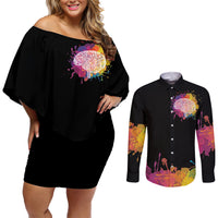 Autism Wired Differently Colors Splash Couples Matching Off Shoulder Short Dress and Long Sleeve Button Shirt LT7 - Wonder Print Shop