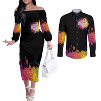 Autism Wired Differently Colors Splash Couples Matching Off The Shoulder Long Sleeve Dress and Long Sleeve Button Shirt