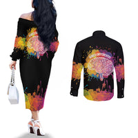 Autism Wired Differently Colors Splash Couples Matching Off The Shoulder Long Sleeve Dress and Long Sleeve Button Shirt