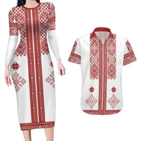 Latvia Jani Midsummer Couples Matching Long Sleeve Bodycon Dress and Hawaiian Shirt Red White Latvijas Auseklis