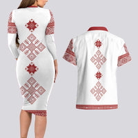 Latvia Jani Midsummer Couples Matching Long Sleeve Bodycon Dress and Hawaiian Shirt Red White Latvijas Auseklis