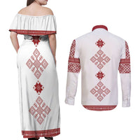 Latvia Jani Midsummer Couples Matching Off Shoulder Maxi Dress and Long Sleeve Button Shirt Red White Latvijas Auseklis