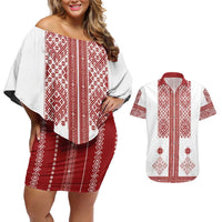 Latvia Jani Midsummer Couples Matching Off Shoulder Short Dress and Hawaiian Shirt Red White Latvijas Auseklis