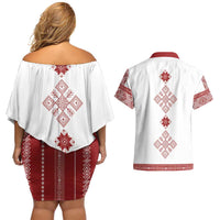Latvia Jani Midsummer Couples Matching Off Shoulder Short Dress and Hawaiian Shirt Red White Latvijas Auseklis