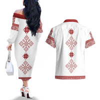 Latvia Jani Midsummer Couples Matching Off The Shoulder Long Sleeve Dress and Hawaiian Shirt Red White Latvijas Auseklis