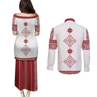 Latvia Jani Midsummer Couples Matching Puletasi and Long Sleeve Button Shirt Red White Latvijas Auseklis