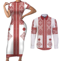 Latvia Jani Midsummer Couples Matching Short Sleeve Bodycon Dress and Long Sleeve Button Shirt Red White Latvijas Auseklis