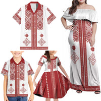 Latvia Jani Midsummer Family Matching Off Shoulder Maxi Dress and Hawaiian Shirt Red White Latvijas Auseklis