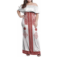 Latvia Jani Midsummer Family Matching Off Shoulder Maxi Dress and Hawaiian Shirt Red White Latvijas Auseklis
