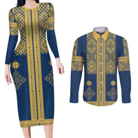 Latvia Jani Midsummer Couples Matching Long Sleeve Bodycon Dress and Long Sleeve Button Shirt Blue Gold Latvijas Auseklis