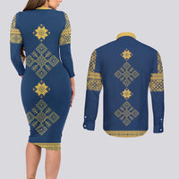 Latvia Jani Midsummer Couples Matching Long Sleeve Bodycon Dress and Long Sleeve Button Shirt Blue Gold Latvijas Auseklis