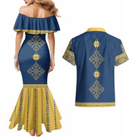 Latvia Jani Midsummer Couples Matching Mermaid Dress and Hawaiian Shirt Blue Gold Latvijas Auseklis