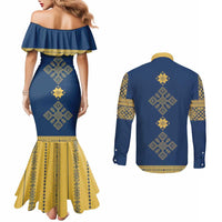 Latvia Jani Midsummer Couples Matching Mermaid Dress and Long Sleeve Button Shirt Blue Gold Latvijas Auseklis