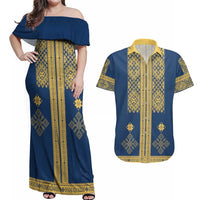 Latvia Jani Midsummer Couples Matching Off Shoulder Maxi Dress and Hawaiian Shirt Blue Gold Latvijas Auseklis