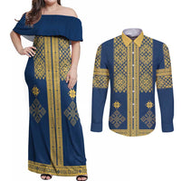 Latvia Jani Midsummer Couples Matching Off Shoulder Maxi Dress and Long Sleeve Button Shirt Blue Gold Latvijas Auseklis