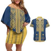 Latvia Jani Midsummer Couples Matching Off Shoulder Short Dress and Hawaiian Shirt Blue Gold Latvijas Auseklis