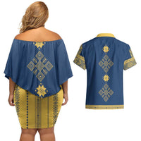 Latvia Jani Midsummer Couples Matching Off Shoulder Short Dress and Hawaiian Shirt Blue Gold Latvijas Auseklis