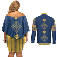 Latvia Jani Midsummer Couples Matching Off Shoulder Short Dress and Long Sleeve Button Shirt Blue Gold Latvijas Auseklis