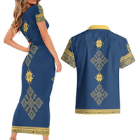 Latvia Jani Midsummer Couples Matching Short Sleeve Bodycon Dress and Hawaiian Shirt Blue Gold Latvijas Auseklis