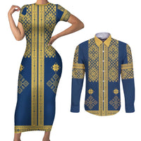 Latvia Jani Midsummer Couples Matching Short Sleeve Bodycon Dress and Long Sleeve Button Shirt Blue Gold Latvijas Auseklis