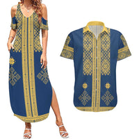 Latvia Jani Midsummer Couples Matching Summer Maxi Dress and Hawaiian Shirt Blue Gold Latvijas Auseklis