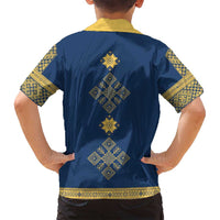 Latvia Jani Midsummer Family Matching Long Sleeve Bodycon Dress and Hawaiian Shirt Blue Gold Latvijas Auseklis