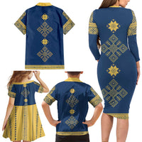 Latvia Jani Midsummer Family Matching Long Sleeve Bodycon Dress and Hawaiian Shirt Blue Gold Latvijas Auseklis